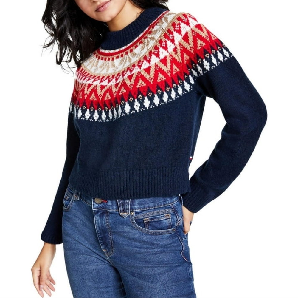 TOMMY HILFIGER NWT Metallic Pullover Navy Red Fair Isle Crewneck Sweater